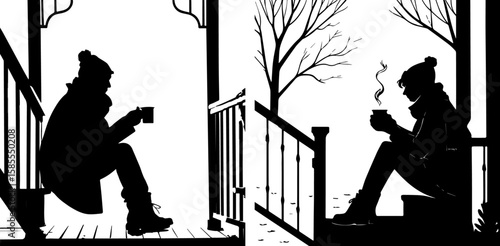 Cozy Winter Porch Silhouettes: Person with Warm Drink in Cold Weather