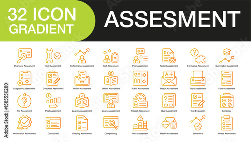 assesment set of web icons in gradient. Containing overview, checklis, result, form, learning, course, quiz, and more. high quality