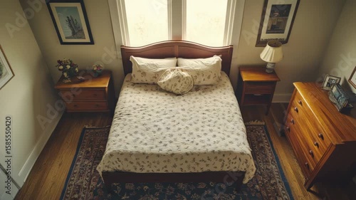 A well-kept bedroom with a large bed, nightstands, and wooden furniture evokes warmth and comfort.