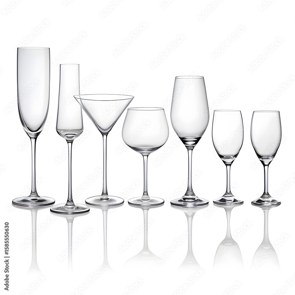 Obraz premium Collection of elegant empty glassware for various beverages on a white background