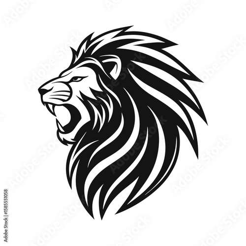 Fierce lion roaring black silhouette white