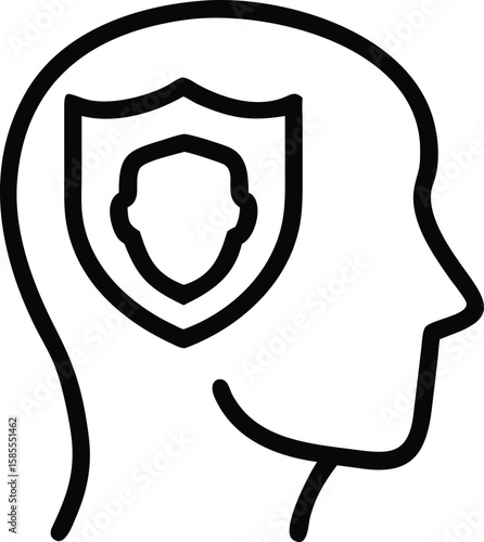 Head outline with face shield inside protection thought process illustration