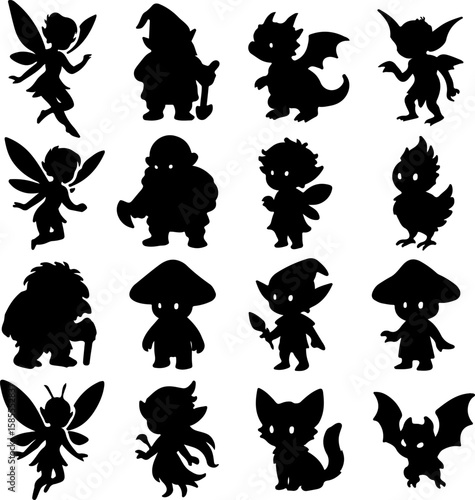 Collection of cute black silhouette fantasy creatures including fairies gnomes goblins dragons trolls mushroom people and a bat on a white background