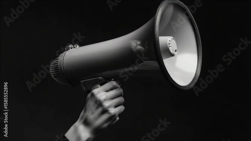 Hand holding megaphone for amplifying voice, often used in protests and public speaking events.