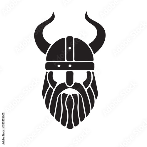 Illustration of a viking with horned helmet and beard in black and white simple graphic design