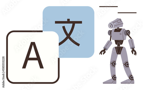 Robot standing beside multilingual text blocks, symbolizing AI-driven language translation, communication, and connectivity. Ideal for AI, language, innovation, globalization, efficiency automation