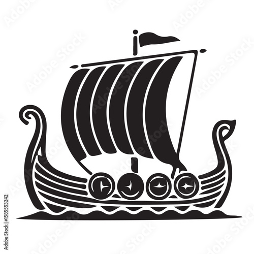 Stylized black and white illustration of a viking ship with sails and decorative prow elements