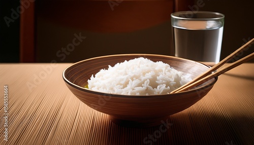 una mesa de comedor con un tazon de arroz blanco con palillos de madera para comer junto a un vaso de agua comida saludable deliciosa tradicional