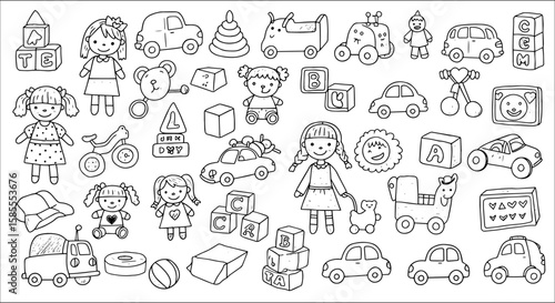 Hand-drawn outline vector illustration set of children's toys: diverse dolls, cars, building blocks, baby items, and classic playthings for kids.
