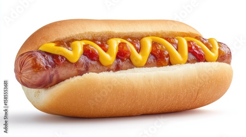 Wallpaper Mural Hot dog with mustard, ketchup, and relish in a bun placed diagonally on white background with layout space Torontodigital.ca