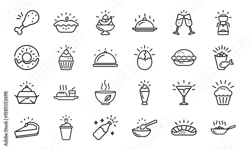 Collection of Hand-Drawn Food and Drink Line Icons with Light Effects Featuring Fast Food, Desserts, Beverages, and Hot Meals on White Background