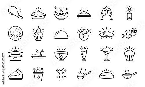 Collection of Hand-Drawn Food and Drink Line Icons with Light Effects Featuring Fast Food, Desserts, Beverages, and Hot Meals on White Background