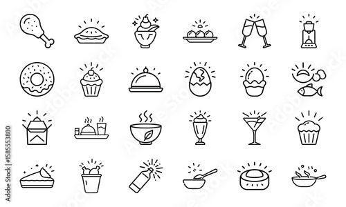 Collection of Hand-Drawn Food and Drink Line Icons with Light Effects Featuring Fast Food, Desserts, Beverages, and Hot Meals on White Background