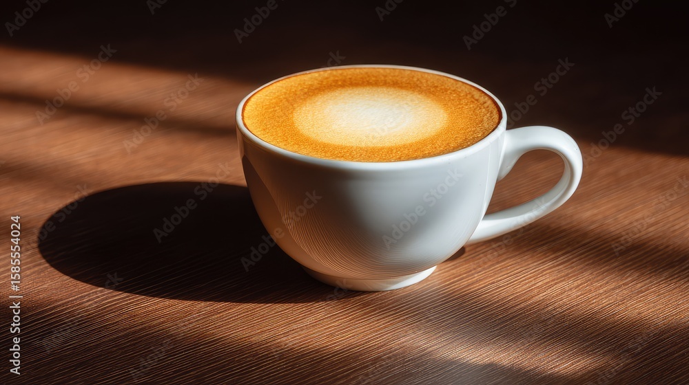 Fototapeta premium Latte coffee cup on wooden table with natural light casting shadows and room for text or design