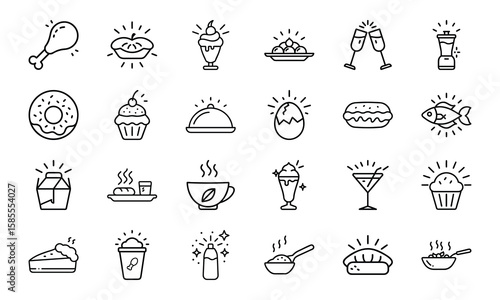 Collection of Hand-Drawn Food and Drink Line Icons with Light Effects Featuring Fast Food, Desserts, Beverages, and Hot Meals on White Background