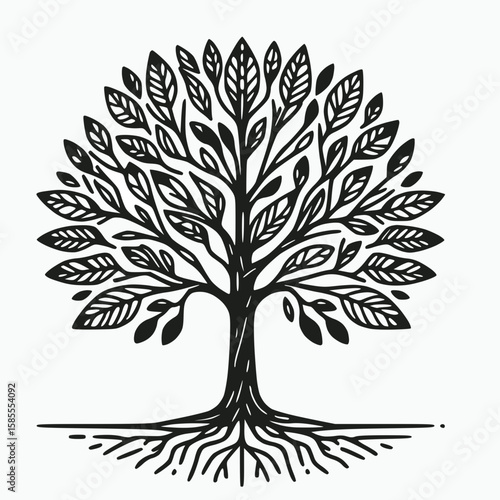 Line art of single tree with leaves, black outline, solid green fill, white background