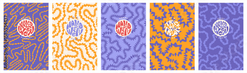 Happy Halloween backgrounds set. Abstract funky groovy psychedelic maze patterns. Round handwritten hand lettering collection. Twisted spiked zigzag curved uneven doodle wavy organic winding lines.