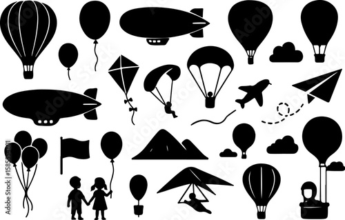 Collection of black silhouette icons representing various forms of air travel including hot air balloons blimps airplanes parachutes hang gliders kites and balloons