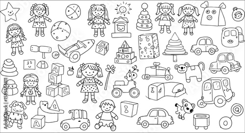 Black and White Outline Drawing of Assorted Children's Toys: Dolls, Cars, Blocks, Stacking Toys, Animals, and More, Great for Coloring Books