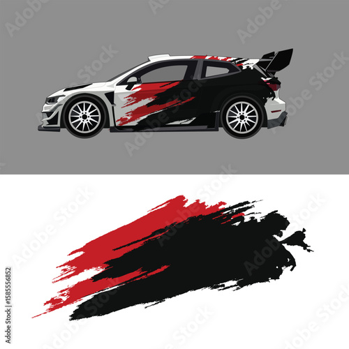 Powerful car decal livery design with dark black and rusty red brush strokes. Ideal for race cars, rally wraps, or aggressive vehicle customization