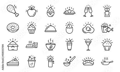 Collection of Hand-Drawn Food and Drink Line Icons with Light Effects Featuring Fast Food, Desserts, Beverages, and Hot Meals on White Background