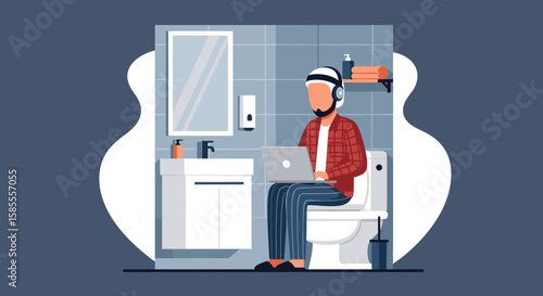 A man working remotely on a laptop while sitting on a toilet in a bathroom, wearing headphones, illustrating the concept of remote work and unconventional workspaces.