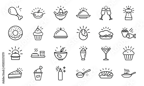 Collection of Hand-Drawn Food and Drink Line Icons with Light Effects Featuring Fast Food, Desserts, Beverages, and Hot Meals on White Background