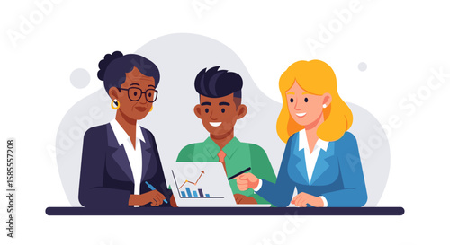 A diverse group of business professionals is shown collaborating and analyzing data on a document during a productive team meeting.