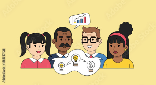 Diverse team members collaborate on a business strategy, brainstorming ideas and analyzing growth charts in a bright, flat-style illustration, highlighting teamwork and innovation.