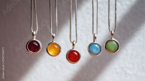 Set of birthstone necklaces on neutral background with soft light and open space for overlay