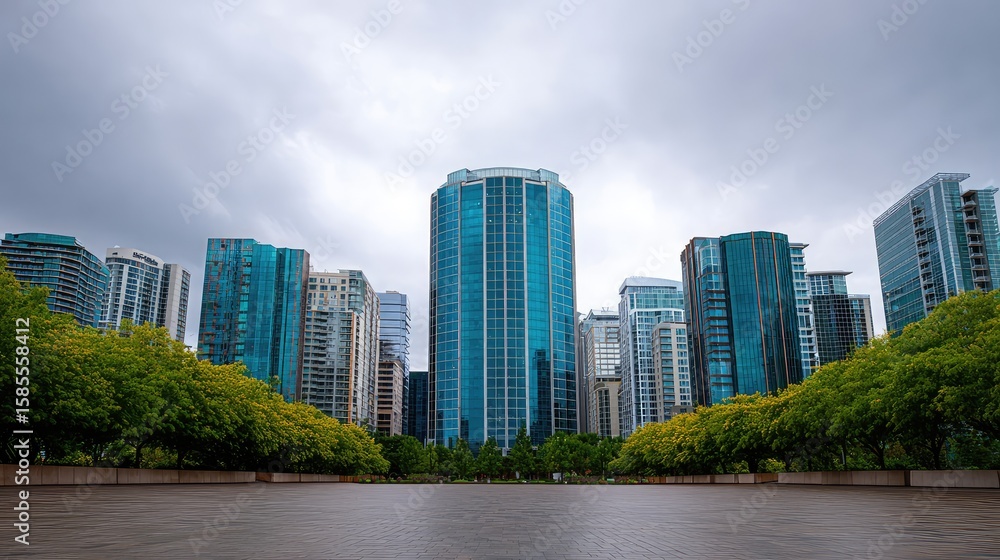 Fototapeta premium Skyscraper with blue reflective windows towering over surrounding buildings, empty paved plaza in front
