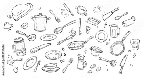Hand-drawn collection of kitchen utensils, cookware, and culinary elements like pots, pans, knives, plates, and food splashes in a detailed doodle style on white.