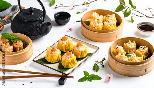 Assorted dim sum in bamboo steamers