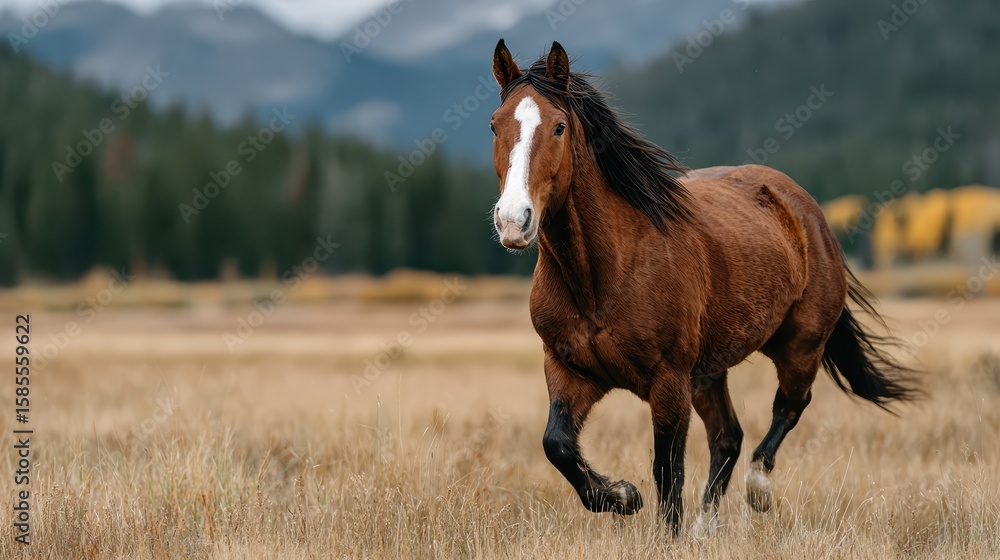Fototapeta premium Majestic horse gallops freely across the golden meadow under cloudy skies