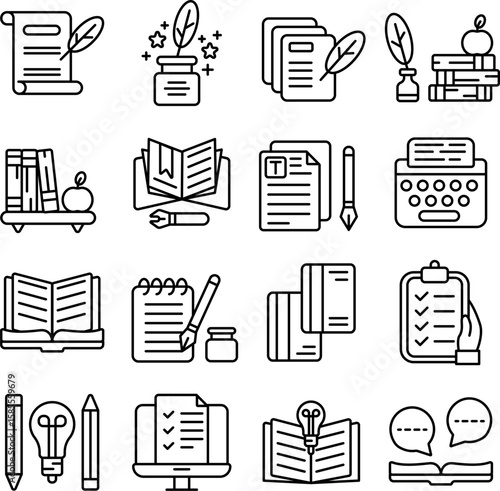 Literature & Writing icon set. Includes of writing, book, author, novel, poem, and More. Outline icons vector collection