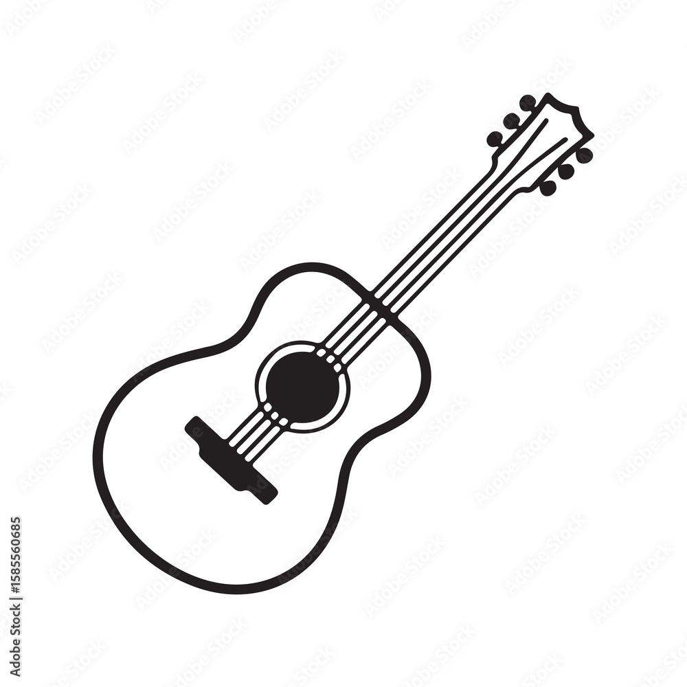 Fototapeta premium Simple black and white outline drawing of an acoustic guitar.