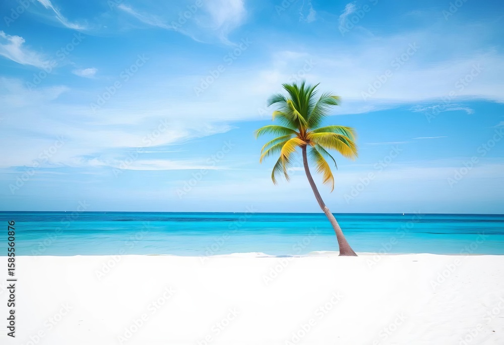 Fototapeta premium White sand beach, few palm trees swaying gently in breeze, nature, getaway