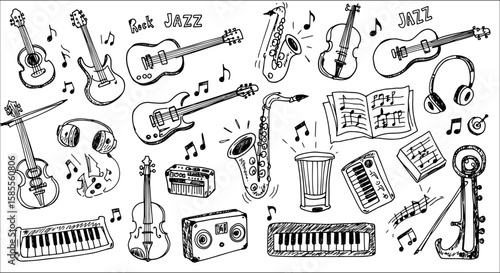Hand-drawn collection of diverse musical instruments, including guitars, saxophones, violins, keyboards, drums, and music notes, showcasing various music genres like rock and jazz.