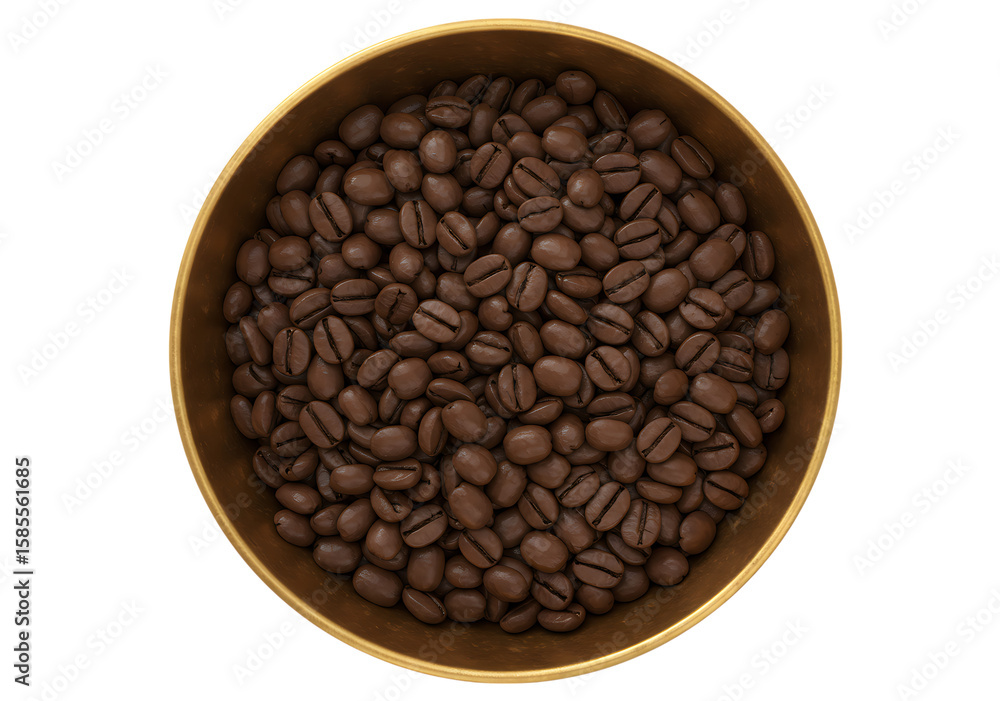 Fototapeta premium Dark Roasted Coffee Beans Gold Bowl isolated on a transparent background