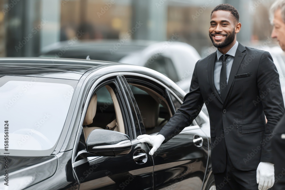 custom made wallpaper toronto digitalA Highway Across the Road - Full-Body Photo of a Driver in a Suit and White Gloves Opening a Car Door - Luxury Transportation.