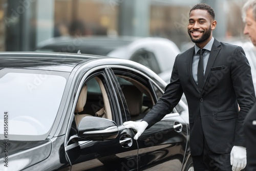 Wallpaper Mural A Highway Across the Road - Full-Body Photo of a Driver in a Suit and White Gloves Opening a Car Door - Luxury Transportation. Torontodigital.ca