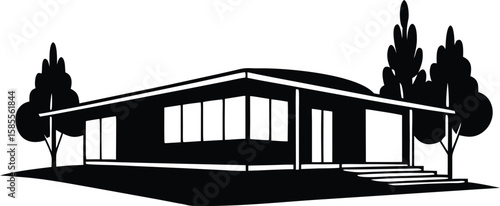 mid century modern house silhouette vector illustration