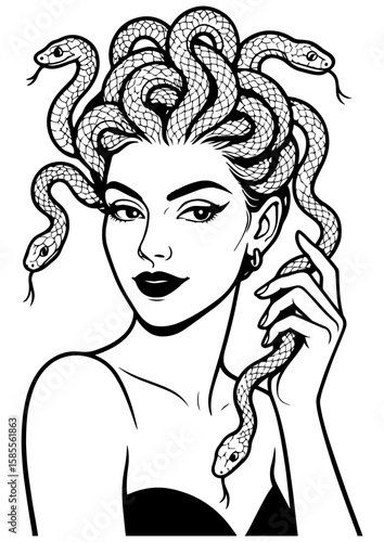 Black and white vector illustration of Medusa woman coquettishly holding a snake, perfect for engraving, tattoo, print, laser cut, cricut, and logo design