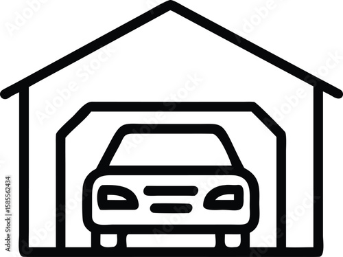 House with car inside, a simple outline drawing of garage building, minimal icon
