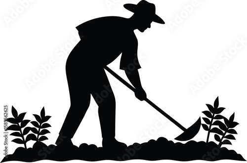 simple black and white farmer working in a field silhouette vector illustration