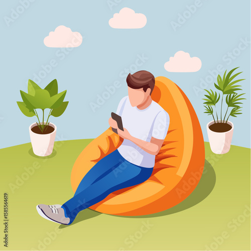 relaxed man using smartphone on a bean bag