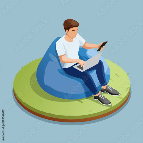 relaxed man using smartphone on a bean bag