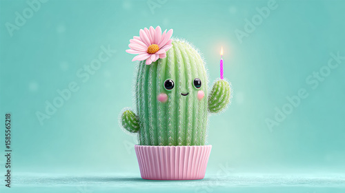 Cactus cartoon, Cartoon cactus with candles on a cupcake in a colorful 3D design.