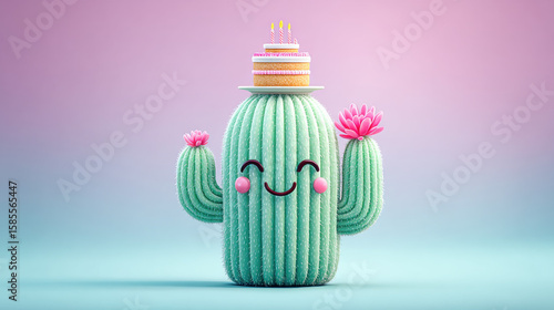 Cactus cartoon, Cartoon cactus celebrating a birthday with a tiny cake in a fun illustration.