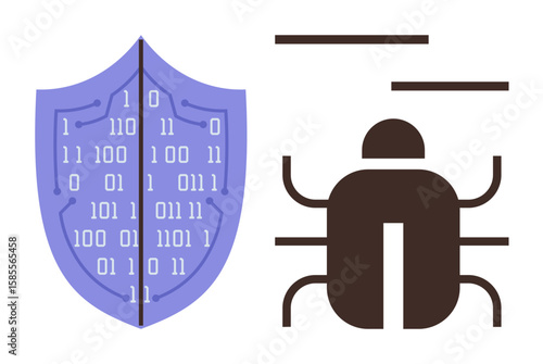 Shield with binary code juxtaposed against bug icon representing cybersecurity and software vulnerabilities. Ideal for security, protection, hacking, coding, technology, IT, and risk concepts. Simple